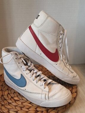 Nike High-Top Blazer 77 Leather Sneakers in White with Red and Blue Swooshes